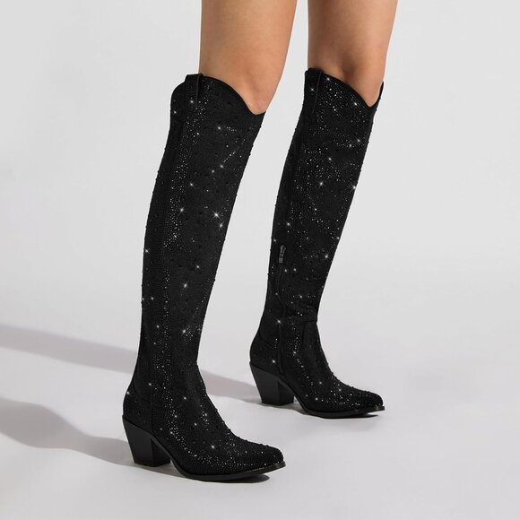 Women's Black Rhinestone Sparkly Over Knee Pointed Toe Chunky High Heel Boots - Picture 3 of 6